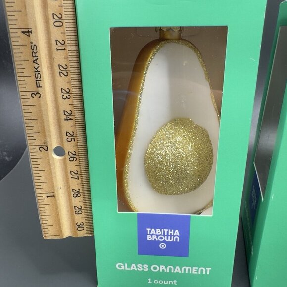 Tabitha Brown Glittery Golden Avocado Glass Ornament Set 2 New In Box Gold Tone - Picture 7 of 7